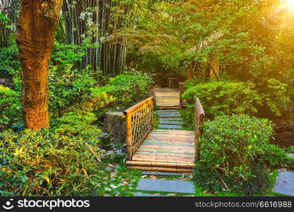 Small bridge in park in Chengdu, China. Park in Chengdu, China