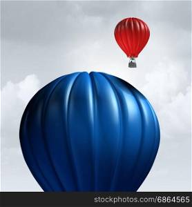 Small business advantage as a slow huge air balloon being passed and beat by a smaller individual as a corporate metaphor for economic agility and being ready for new opportunity with 3D illustration elements.