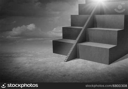 Small business opportunity and solutions as big stairs with tiny staircase as a success pathway for smaller companies or individuals with 3D illustration elements.