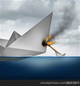 Small business strategy concept and vulnerable big corporation with a huge paper boat being attacked by a small vessel with a burning match causing damage to the larger competitor as a metaphor for corporate vulnerability.