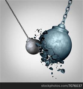 Small business winning and defeating a much larger opponent as a david and goliath metaphor with a tiny wrecking ball destroying a much larger sphere as a symbol for power and courage top win as a 3D illustration.