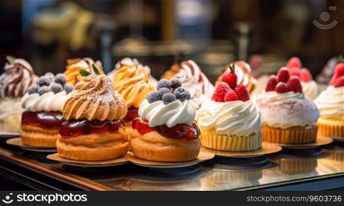 Small cakes on display at the patisserie counter.