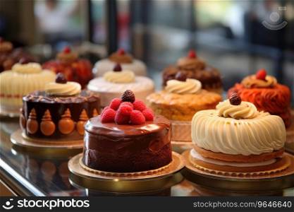 Small cakes on display at the patisserie counter. Small cakes on display at the patisserie counter.