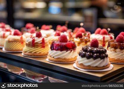 Small cakes on display at the patisserie counter. Small cakes on display at the patisserie counter.