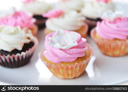 Small cakes with sweet icing on white background