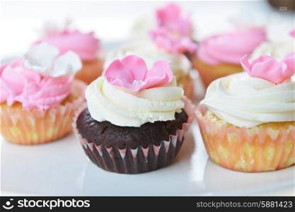 Small cakes with sweet icing on white background