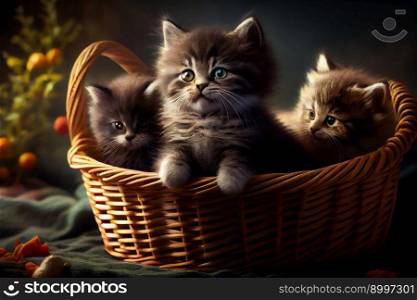 Small cats kittens in basket.  Generative AI
