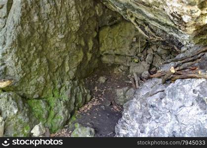 Small cave rock beautiful shelter with christian icon and conditions of living, Vitosha mountain, Bulgaria, Europe