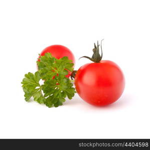 Small cherry tomato and parsley spice on white background close up