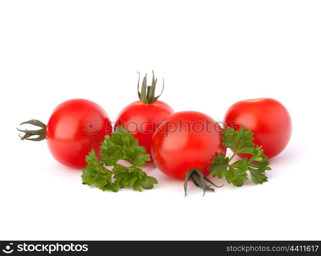 Small cherry tomato and parsley spice on white background close up