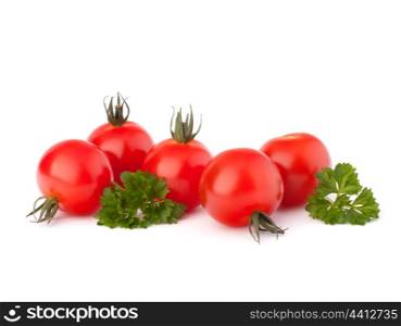 Small cherry tomato and parsley spice on white background close up