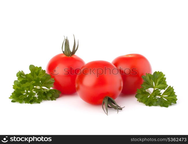 Small cherry tomato and parsley spice on white background close up