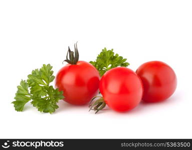 Small cherry tomato and parsley spice on white background close up