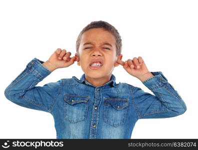 Small child covering his ears isoalted on a white background