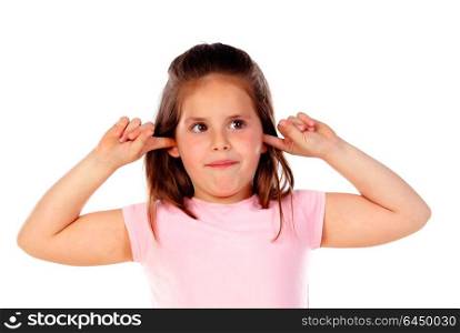 Small child covering his ears isoalted on a white background