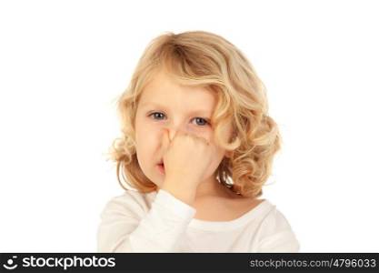 Small child covering his nose isolated on a white background