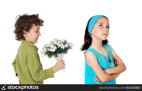 Small child giving a bouquet to his girl isolated on a white background