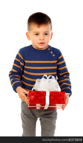Small child with a red present isolated on a white background