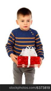 Small child with a red present isolated on a white background