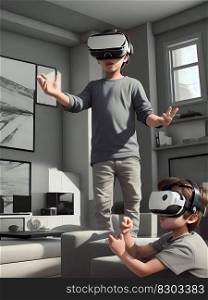 Small Children Playing in Lounge Playing by Using a Virtual Reality Headsets, created with Generative AI technology