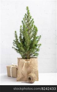 Small Christmas tree in a pot wrapped in paper, undecorated and gifts in kraft paper on brick wall background, Zero waste eco Christmas and New Year concept