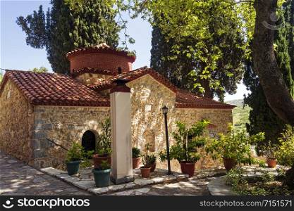 Small church in the Orthodox monastery Moni Agiou Ioanni Theologou, Greece. In the village of Vagia, near Thebes, is the post-Byzantine monastery of Saint John Theologos.. Small church inside the Orthodox monastery Moni Agiou Ioanni Theologou