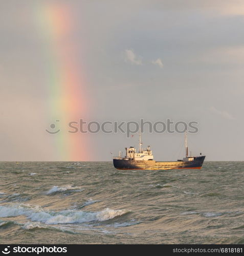 Small coastal vessel in the waters of the dutch Ijsselmeer, rainbow on the background