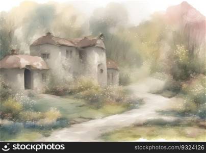 Small cottage house in the country and spring nature. Generative AI illustration in watercolor style.