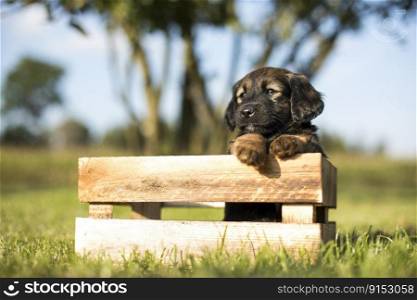 Small dog in a wooden crate on the grass