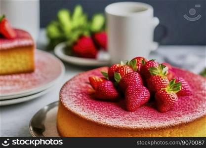 Small fluffy cake sprinkled with powdered sugar and decorated with whole strawberries with green leaves, made with generative AI.