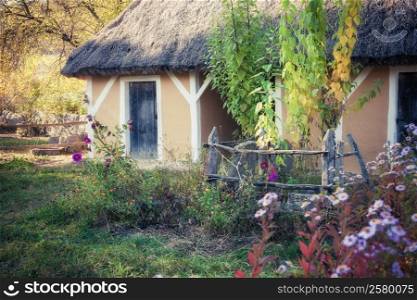 Small folk cottage in Pirogovo museum near Kiev, Ukraine