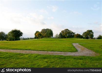 Small footpath and green grass field