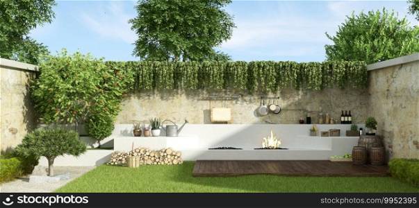 Small garden with barbecue on background in a sunny day - 3d rendering. Small garden with barbecue