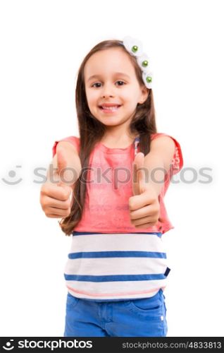 Small girl showing thumbs up, isolated over white background