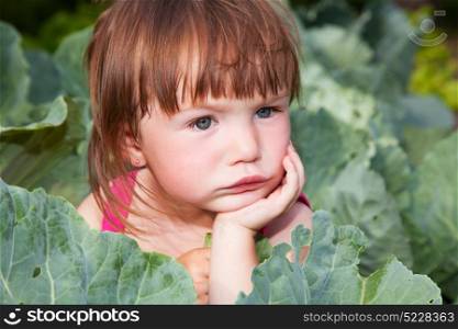 Small girl sitting in the cabbages