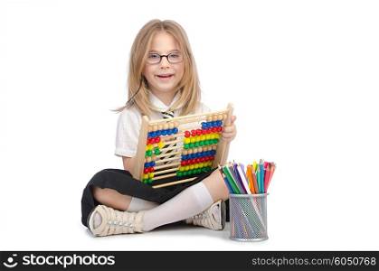 Small girl with abacus on white