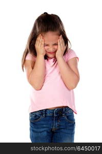 Small girl with headache isolated on a white background