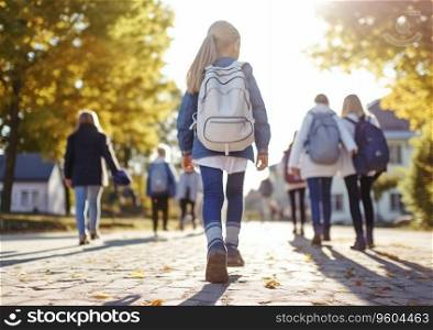 Small girl with large backpack on her way to school with other kids.AI generative
