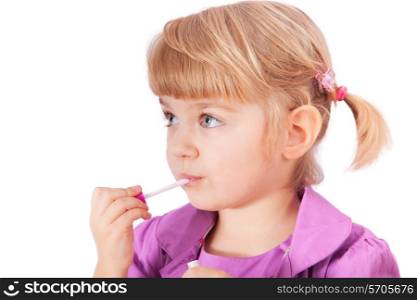Small girl with lipstick isolated on white background&#xA;