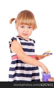 Small girl with purple paint on her palms isolated on white