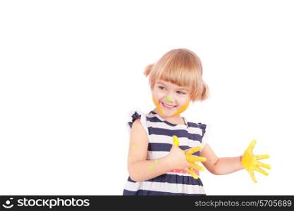 Small girl with yellow paint on her palms isolated on white&#xA;