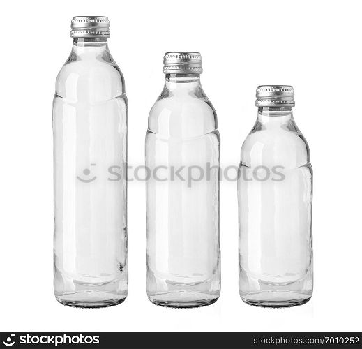 Small glass water bottles isolated on white background