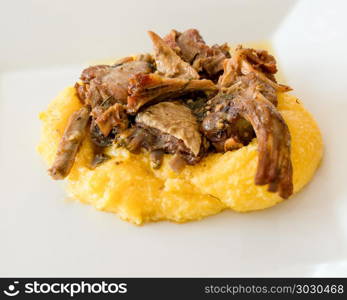 Small goat roast with Polenta . Typical italian food,polenta with Capretto( small goat meat) roasted, close up.