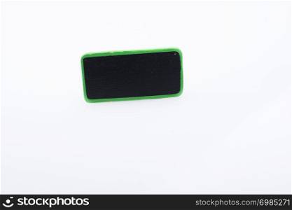 Small green sided black noticeboard on a white background