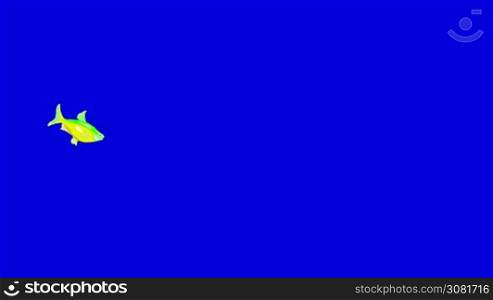 Small Green-yellow Aquarium Fish floats in an aquarium. Animated Looped Motion Graphic Isolated on Blue Screen