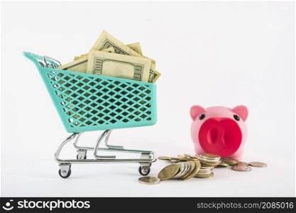 small grocery cart with money piggy bank