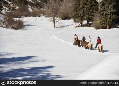 Small group of people horseback riding in snow covered landscape in Colorado, USA.