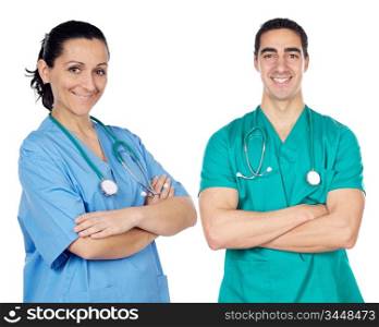 small group of young doctors a over white background