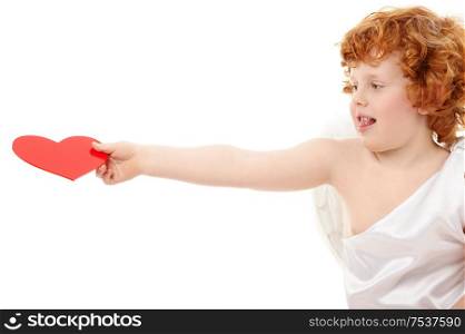 Small happy cupid holds heart on an outstretched arm, isolated