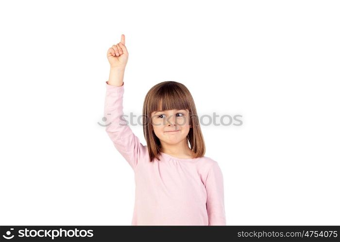 Small happy girl raising the hand to ask something isolated on a white background